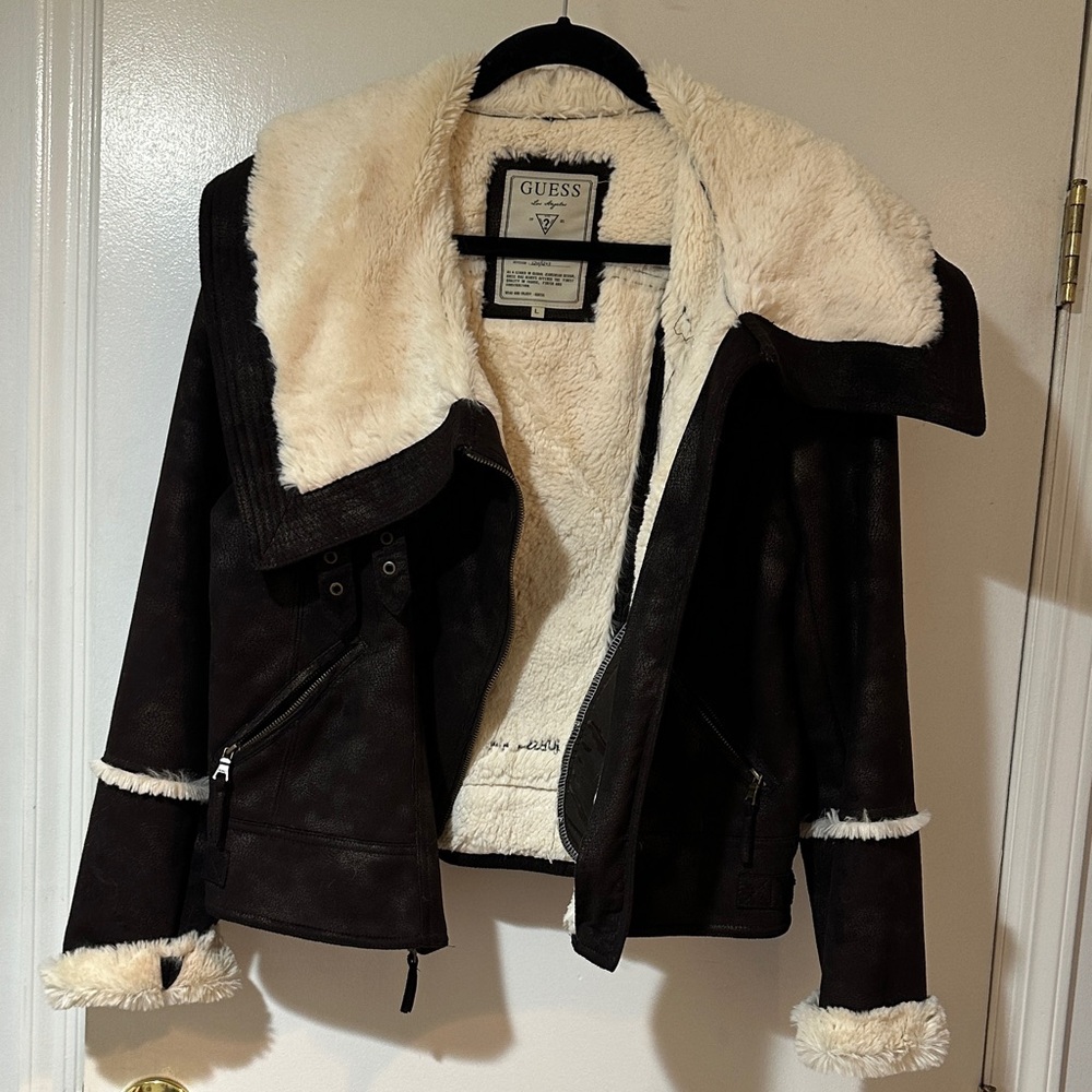 Guess Women's Black Leather Jacket with Cream Accents